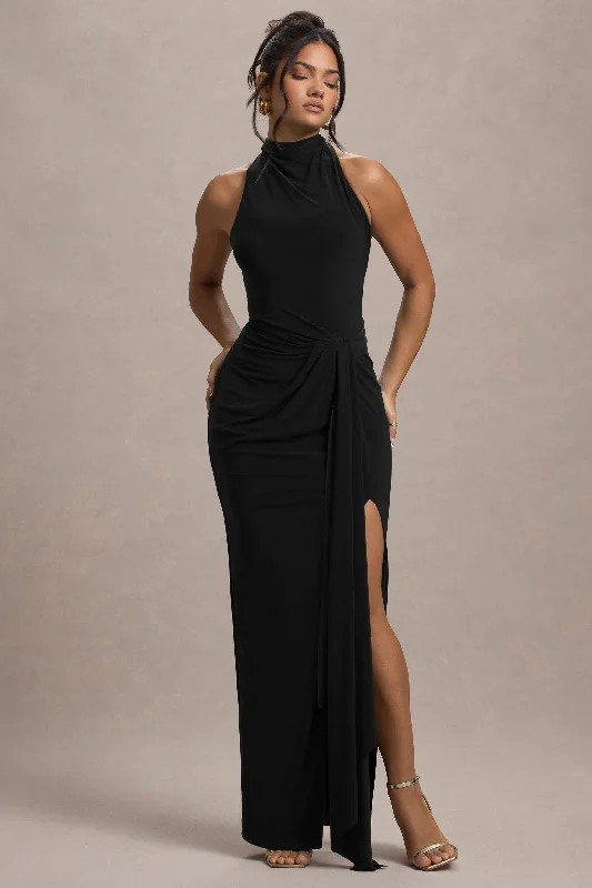 Khari | Black High-Neck Twisted Maxi Dress With Drape