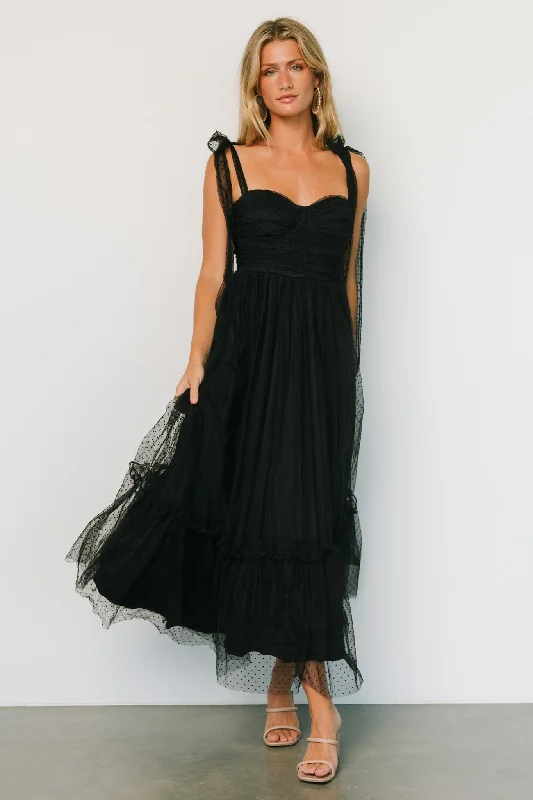 Mavani Swiss Dot Tulle Maxi Dress | Black