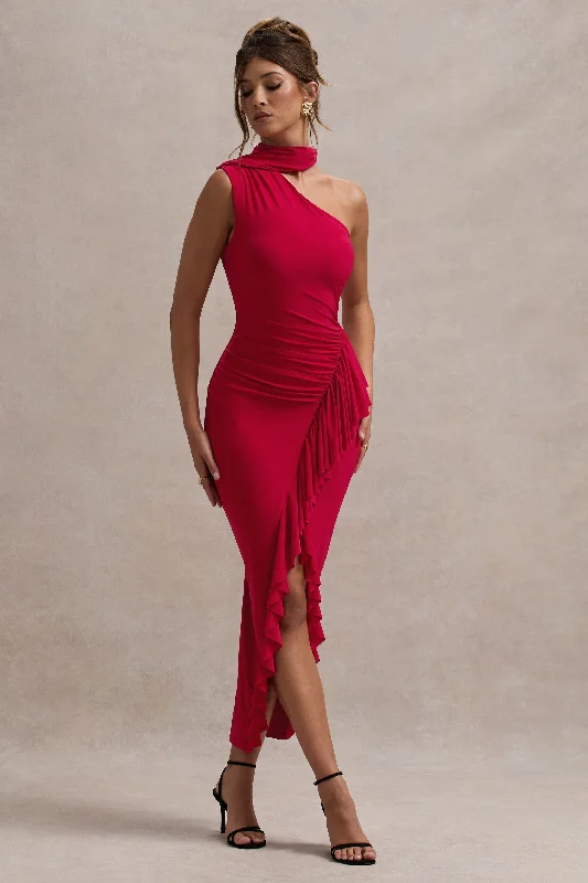 Nevaeh | Red Asymmetric High-Neck Ruffle Split Maxi Dress