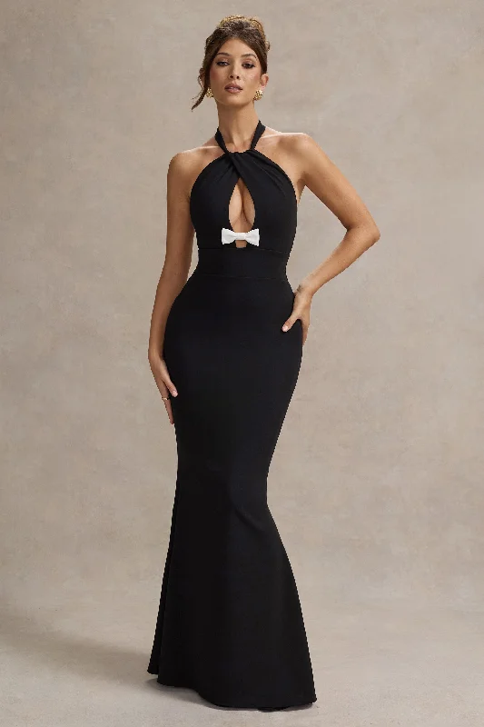 Raelynn | Black Halter-Neck Cut-Out Maxi Dress With Bow