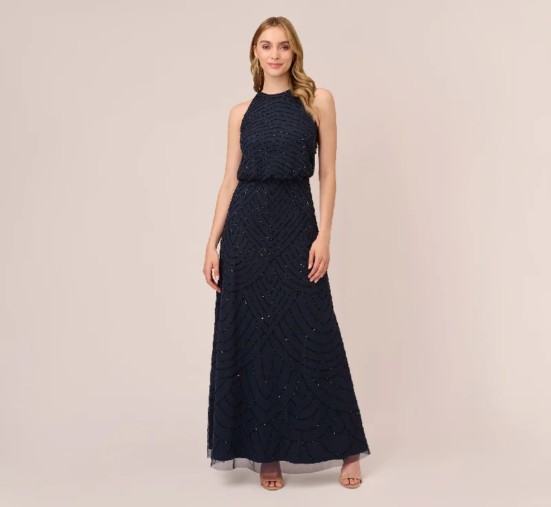 Art Deco Beaded Blouson Dress With Halter Neckline In Navy Black