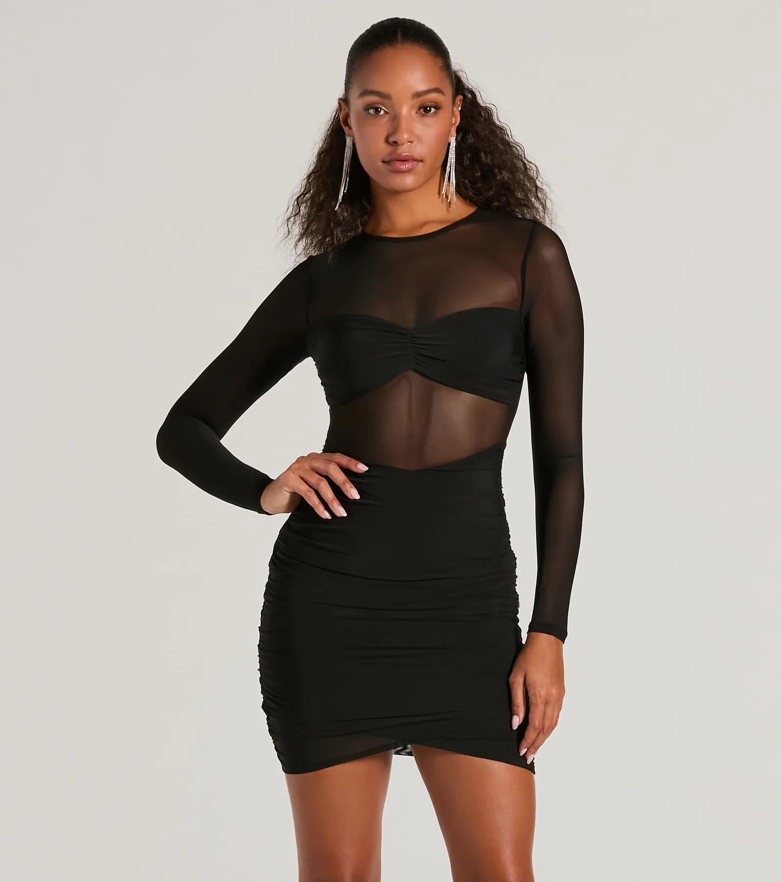 Major VIP Long Sleeve Sheer Mesh Bodycon Mini Dress