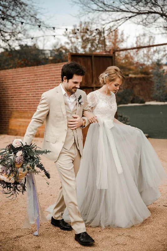 Dusty Tulle Lace Short Sleeves Bridal Gown with Sash