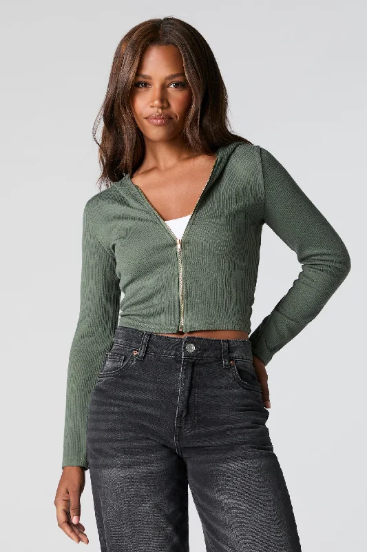 Ribbed Zip-Up Cropped Hoodie