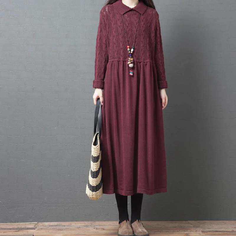 Cozy lapel wrinkled Sweater dress outfit Beautiful burgundy Hipster sweater dresses