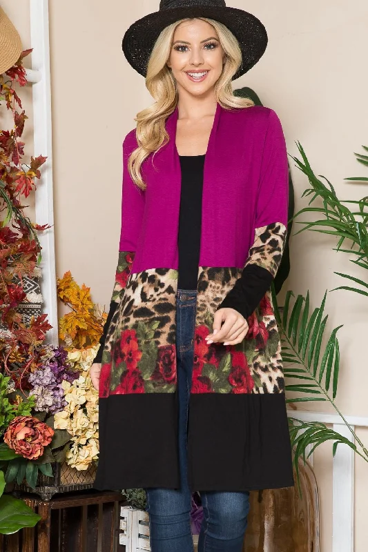 Full Size Color Block Open Front Cardigan