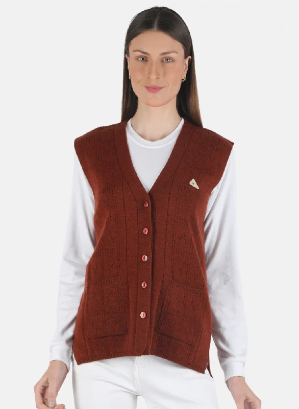 Women Brown Self Design Cardigan