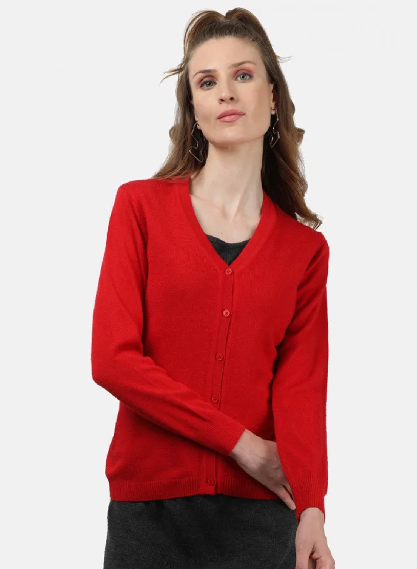 Women Red Solid Cardigan