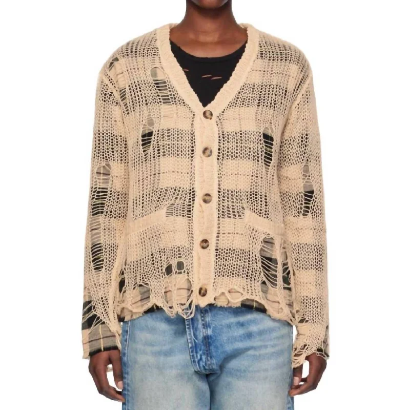 Overlay Distressed Relaxed Cardigan In Cream Ecru