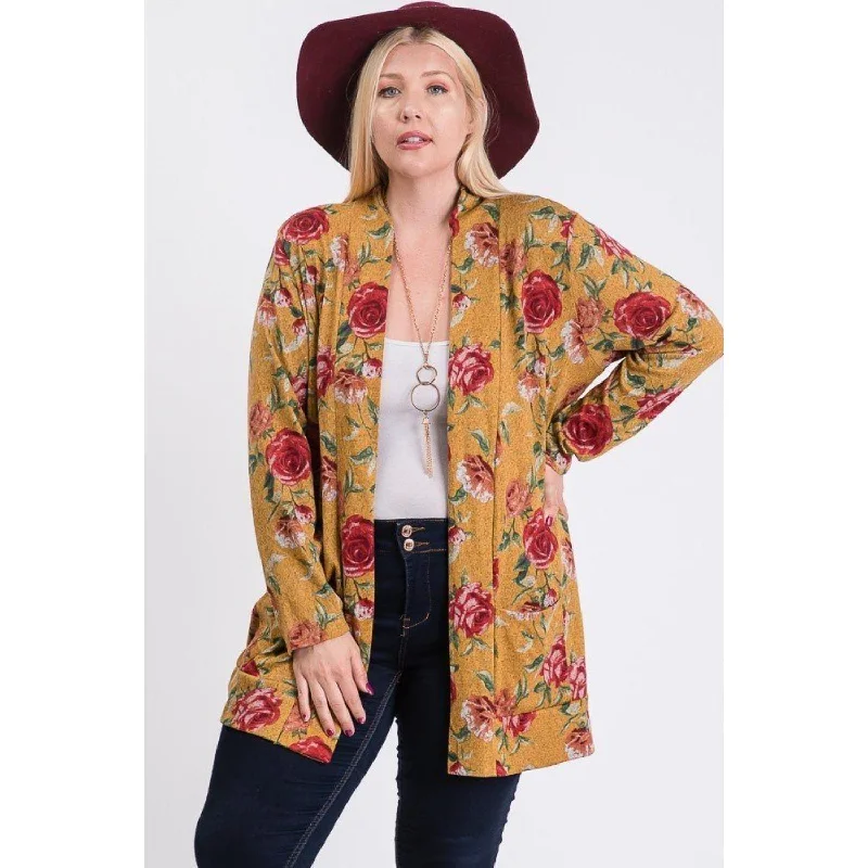 Plus Size Flower Print Pocket Flower Print Hacci Cardigan