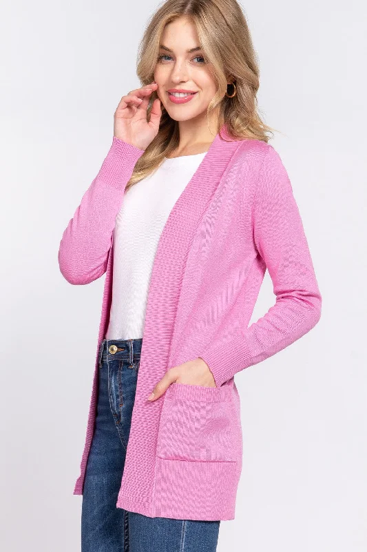 Ribbed Trim Open Front Cardigan