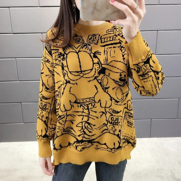 Sweaters Woman Cashmere Knit Long For Set V 2022 Fashionable New Arrival Round Neck Loose Fit Cats Print Women Sweater