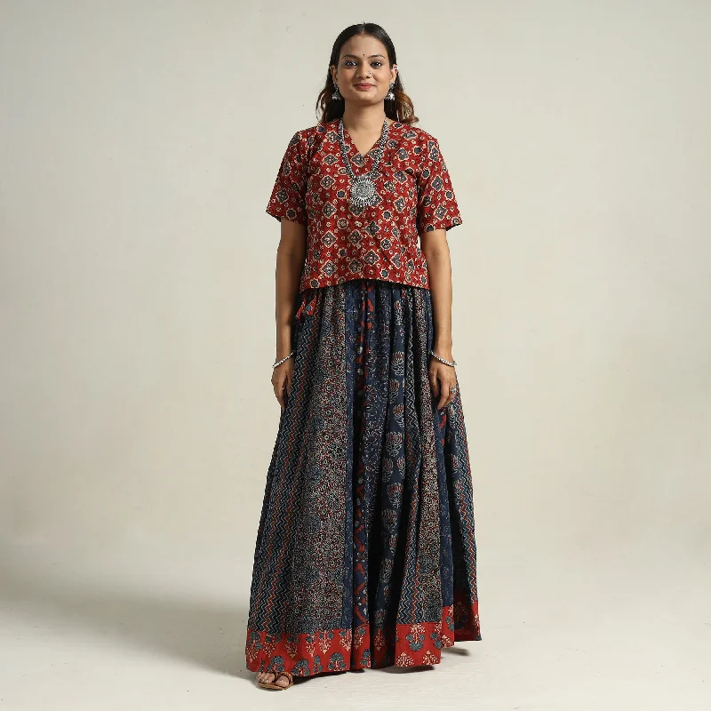 Blue - Ajrakh Block Printed 24 Kali Patchwork Cotton Long Skirt 10