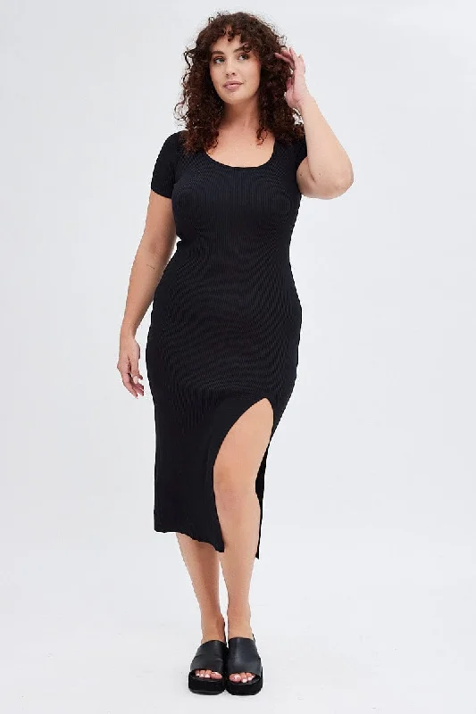 Black Knit Dress Short Sleeve Midi