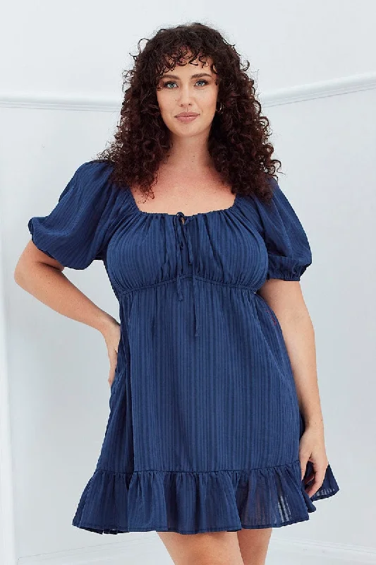 Blue Fit And Flare Dress Short Sleeve Ruched Bust