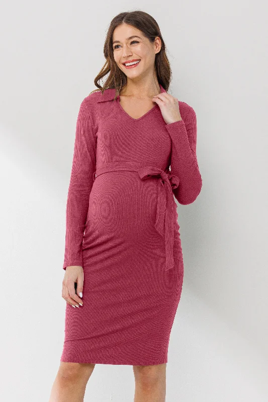 Collared V Neck Maternity Dress With Belt