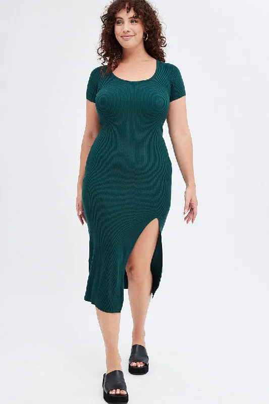 Green Knit Dress Short Sleeve Midi