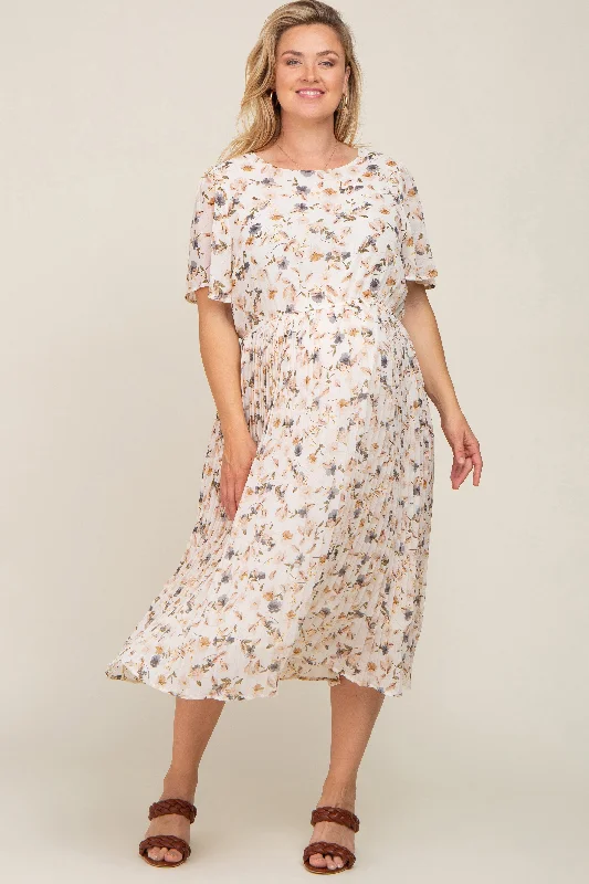 Ivory Floral Chiffon Pleated Short Sleeve Maternity Plus Midi Dress