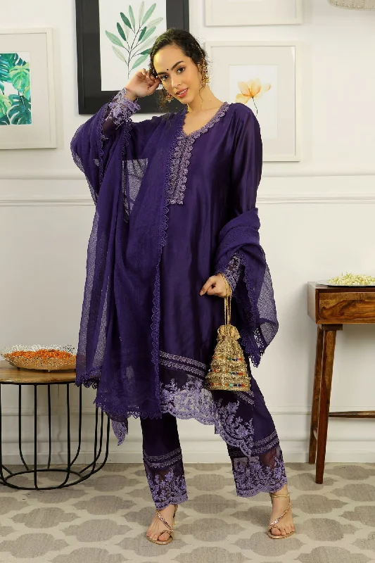 Luxe French Navy Chanderi Maternity & Nursing Kurta + Bump Band Bottom + Dupatta (3 pc)