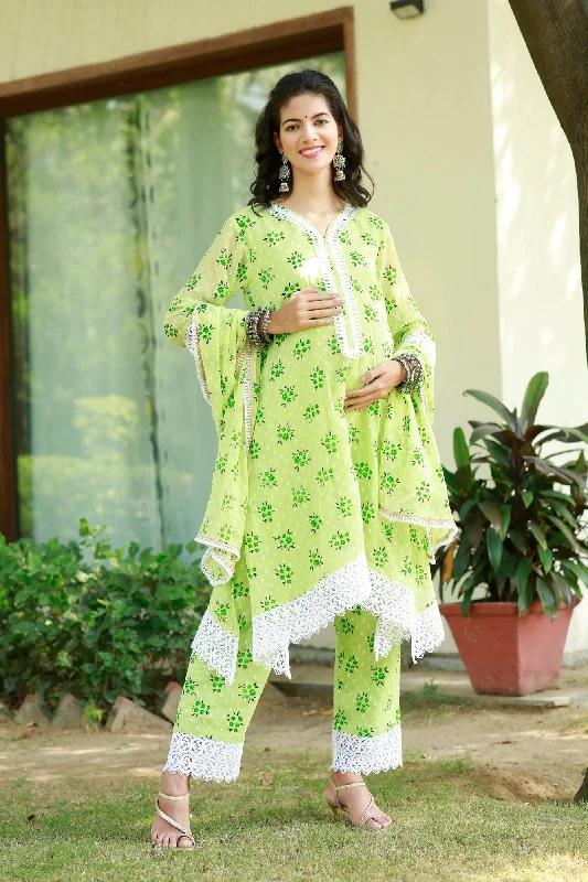 Luxe Lime Green Floral Maternity & Nursing Kurta + Bump Band Bottom + Dupatta (3 Pc)