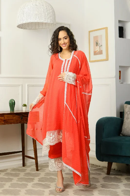 Premium Red Rose Maternity & Nursing Kurta With Lace + Bump Band Bottom + Dupatta (3 pc)