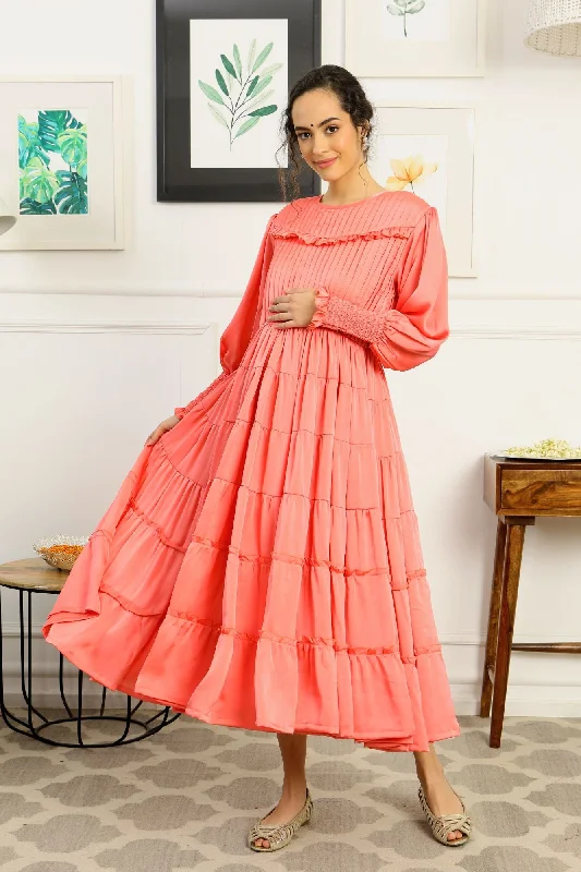 Premium Satin Peachy Formal Maternity & Nursing Pintucks Frill Dress