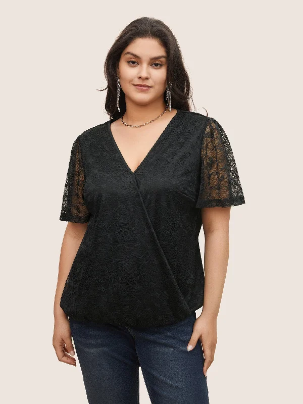 Overlap Collar Mesh Patchwork Lace Insert Blouse