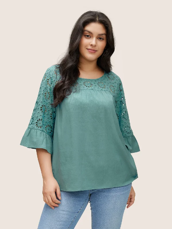 Plain Broderie Anglaise Ruffle Sleeve Blouse