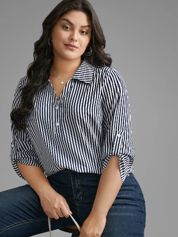 Striped Button Cuff Sleeve Split Hem Blouse